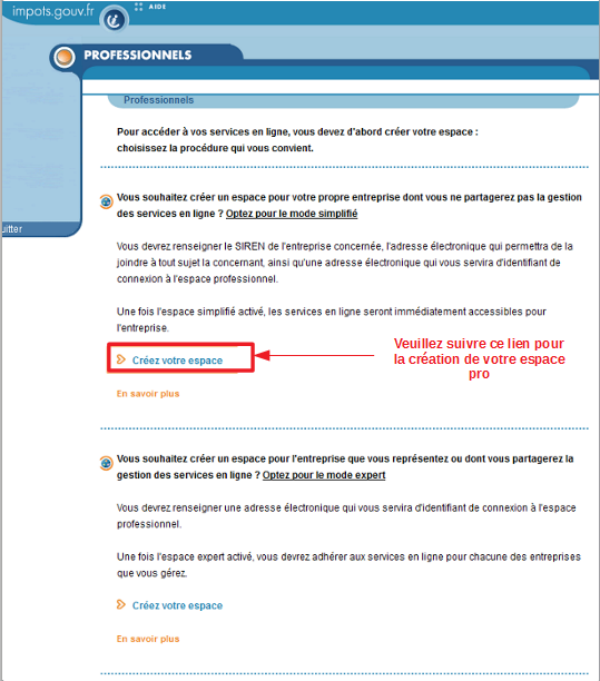 CFE - espace professionnel impots.gouv.fr - 1re etape